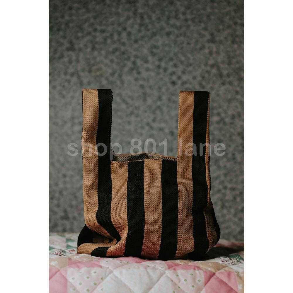NWOT Boutique Brown Black Stripe Knit Mini Tote Bag Chic Everyday Handbag